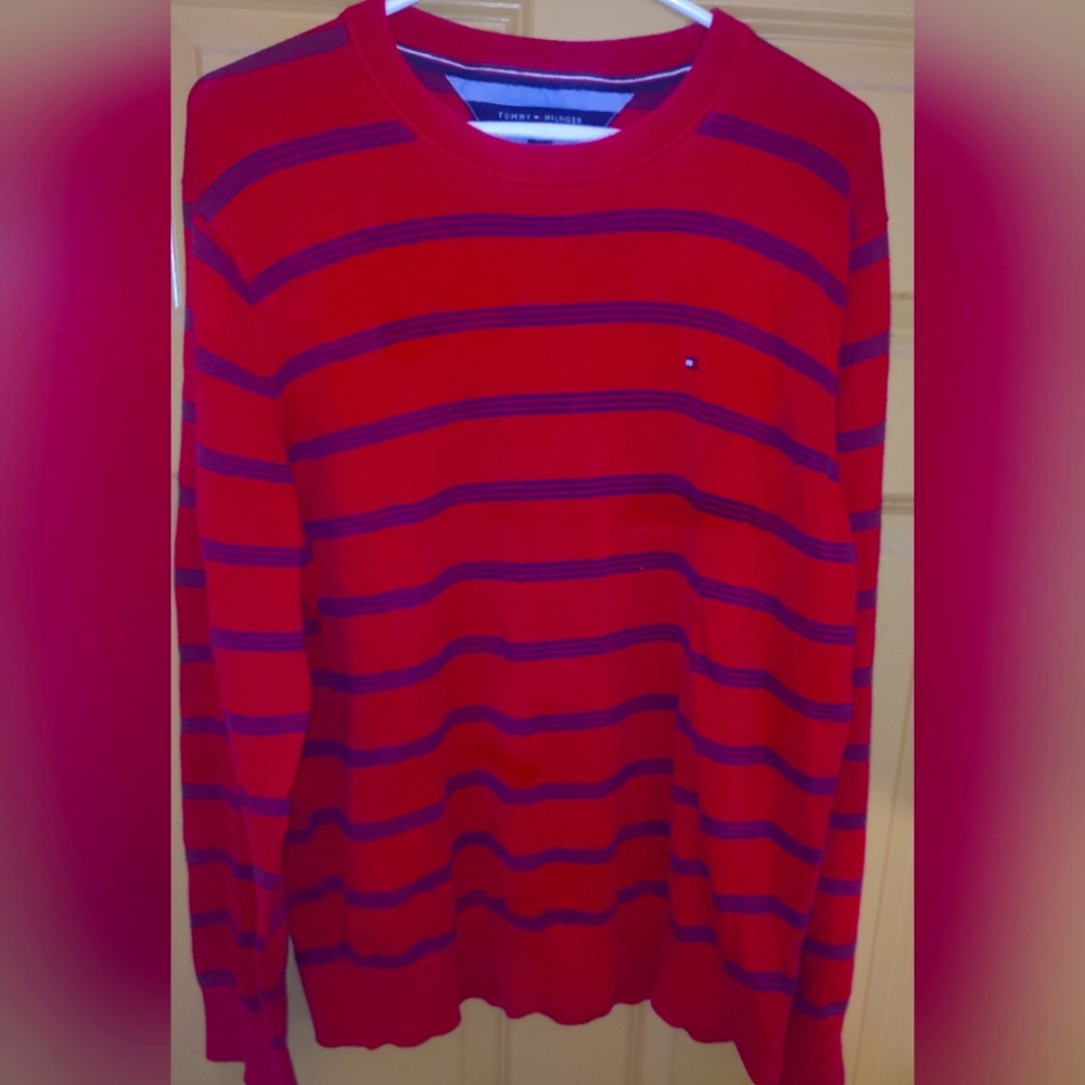 Tommy Hilfiger Red Striped Sweater Men's XL Classic Fit Excellent Condition
